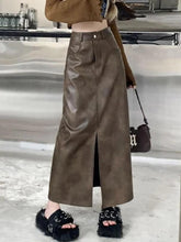 Vintage Brown High Rise Split PU Leather Midi Skirt